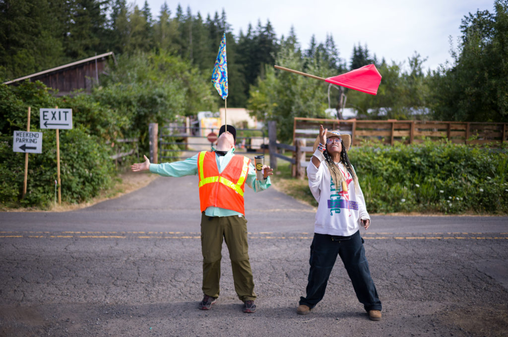 Pickathon traffic and parking volunteers have some fun before the Thursday incoming traffic begins. Photo by Rob Kerr, Pickathon Photo Crew Instagram credit @robkerr6